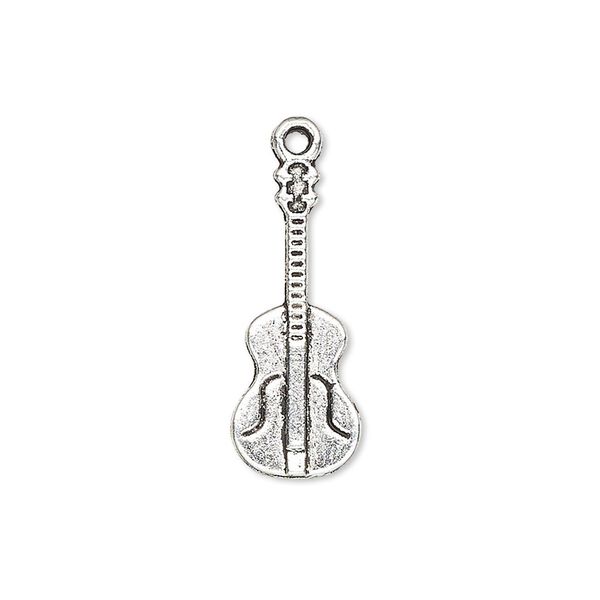 Charm, antique silver-plated "pewter" (zinc-based alloy), 24x10mm single-sided guitar. Sold per pkg of 10. image number 0