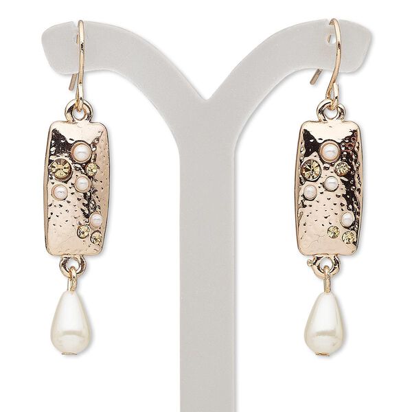 Earring, glass rhinestone / acrylic / rose gold-finished stainless steel / "pewter" (zinc-based alloy), white and topaz brown, 1-3/4 inches with rectangle and fishhook ear wire. Sold per pair. image number 0