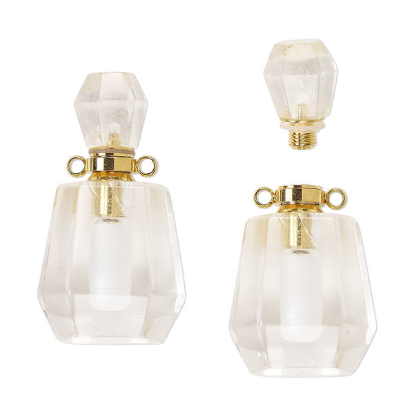 Rose quartz / brass 1pkg1, gold-finished hand-cut perfume bottle / 2 loops / threaded stopper natural C grade, 37x20mm image number 0