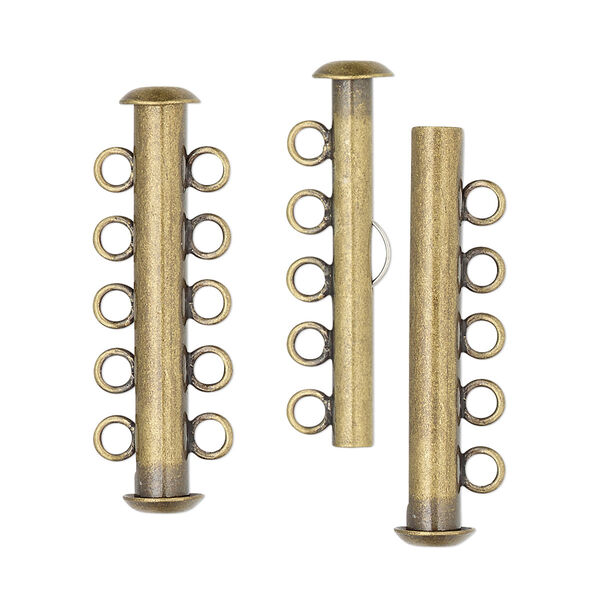 Clasp, 5-strand slide lock, antique gold-plated brass, 31x6mm tube. Sold per pkg of 4. image number 0