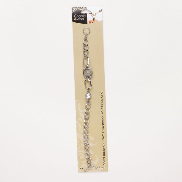 Bracelet, steel and glass, pkg/1, silver finish / grey / clear, 8 inches with toggle clasp and 7mm round setting. image number 0