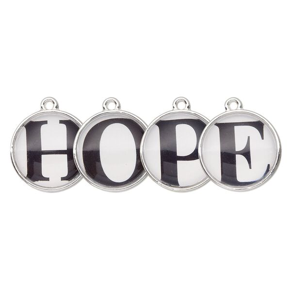 Drop, silver-finished "pewter" (zinc-based alloy) and plastic, black and white, 20mm single-sided domed flat round with "HOPE." Sold per 4-piece set. image number 0