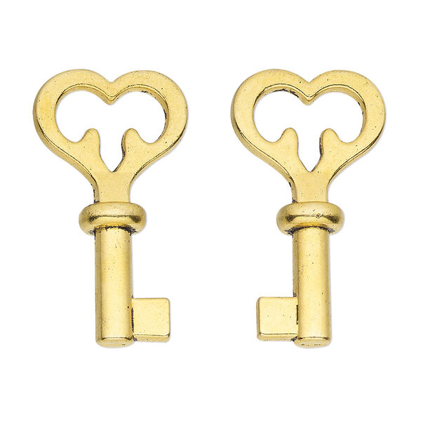 Focal, antique gold-finished "pewter" (zinc-based alloy), 30x16mm 3D heart key. Sold per pkg of 4. image number 0