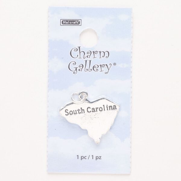 Charm, steel and enamel, pkg/1, silver finish and black, 26x20mm with "South Carolina." image number 0
