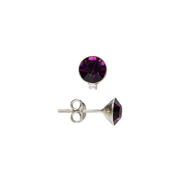 Ear stud, sterling silver and glass, amethyst purple, 7mm round. Sold per pair. image number 0