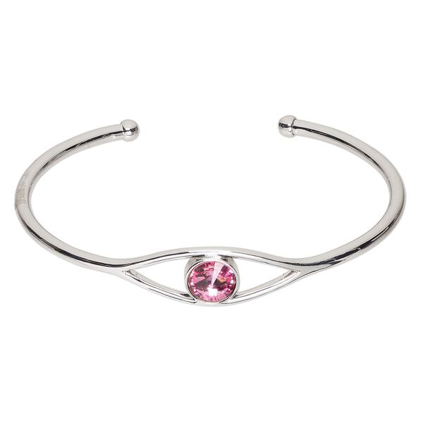Bracelet, cuff, Everyday Jewelry™, Crystal Passions® and silver-plated "pewter", rose, 12mm wide round, 8-1/2 inches. Sold individually. image number 0