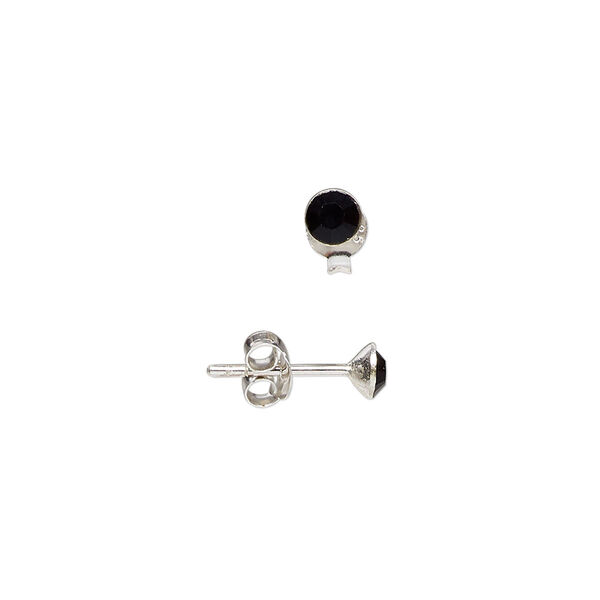 Ear stud, sterling silver and glass, jet, 4mm round. Sold per pair. image number 0