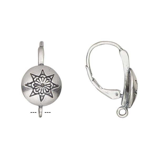 Ear wire leverback 1pkg2 sterling silver, 22mm / 11mm round / star / closed loop, antiqued 1 pair image number 0