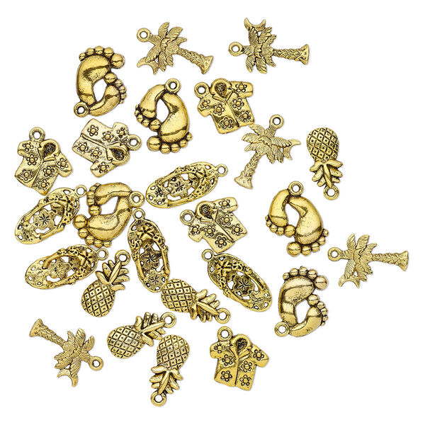 Charm, antique gold-finished "pewter" (zinc-based alloy), 16x9mm-20x10mm single- and double-sided assorted tropical theme. Sold per pkg of 25. image number 0