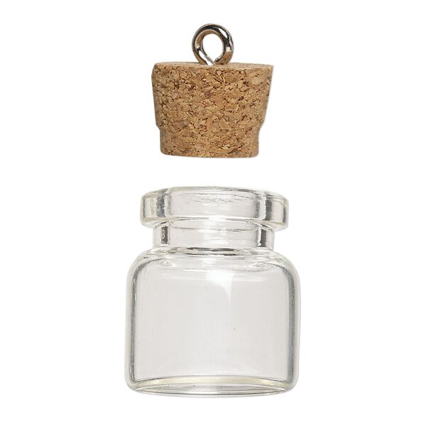 Component, glass / cork / nickel-finished steel, clear, 20x19mm bottle with stopper and screw eye. Sold per pkg of 100. image number 2