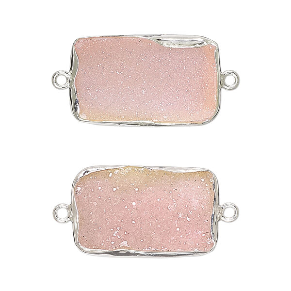 Link, druzy agate (dyed) and sterling silver, pink, 22x13mm single-sided rectangle. Sold per pkg of 2. image number 0