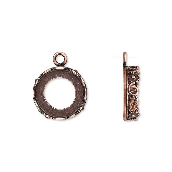 Drop, JBB Findings, antique copper-plated brass, 14mm round with open back and flower and leaf design trim, 12mm round bezel setting. Sold per pkg of 2. image number 0