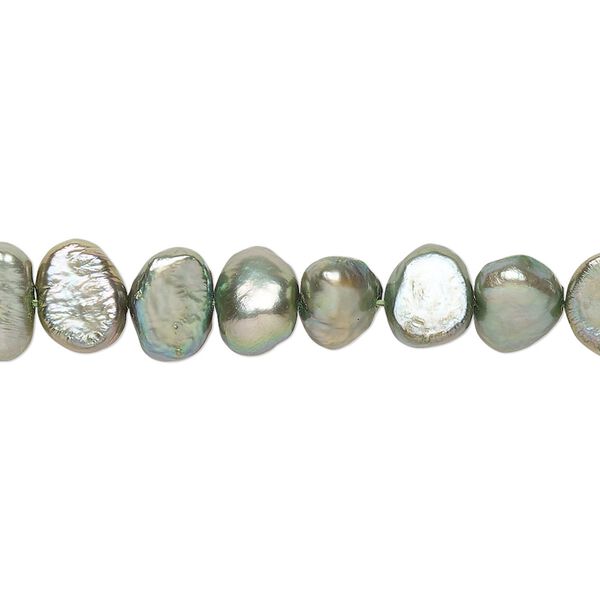 Pearl, cultured freshwater (dyed), olivine green, 6-7mm flat-sided potato, D grade, Mohs hardness 2-1/2 to 4. Sold per 15-inch strand. image number 0