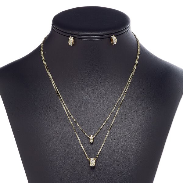 Necklace and earring set, 2-strand, glass rhinestone / gold-finished steel / brass / "pewter" (zinc-based alloy), clear, 8x6mm and 10x6mm oval rondelle, 18-inch necklace with 2-inch extender chain and lobster claw clasp, 11x5mm oval rondelle with post. Sold per set. image number 0