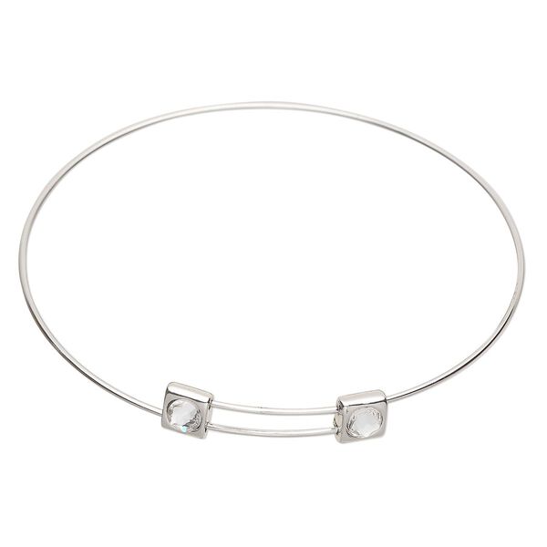 Bracelet, steel and glass, pkg/1, 7-1/2-inch bangle, silver finish and clear. image number 0