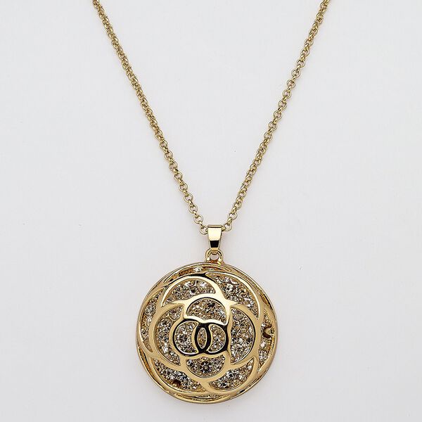 Necklace, glass rhinestone with gold-finished steel and "pewter" (zinc-based alloy), clear, 40mm round with rose cutout design, 29 inches with 3-inch extender chain and lobster claw clasp. Sold individually. image number 0