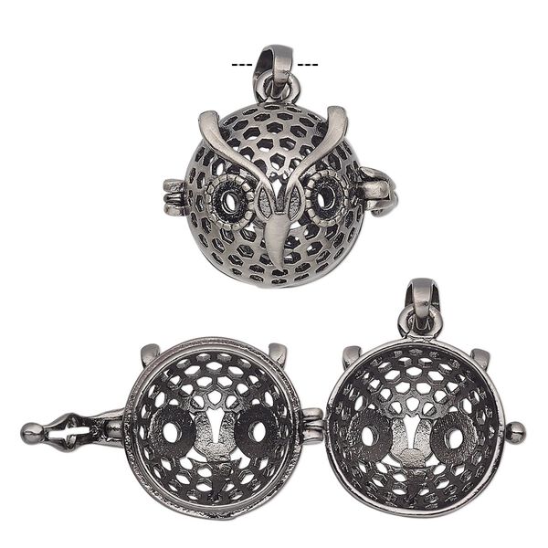 Drop, antique silver-finished "pewter" (zinc-based alloy), 18x17mm round bead cage with owl design and safety latch, (2) SS16 flat back settings, fits up to 14mm bead. Sold individually. image number 0