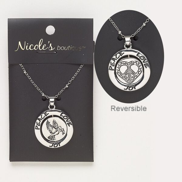 Necklace, antique silver-finished "pewter" (zinc-based alloy) and silver-finished steel, 24mm round with "PEACE LOVE JOY" and two-sided swivel with dove and heart peace sign, 24 inches with 2-inch extender chain and lobster claw clasp. Sold individually. image number 0