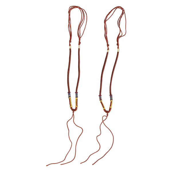 Necklace cord, macramé, jadeite (natural/dyed) and imitation silk, copper and multicolored, 2-3.5mm wide with 5-1/2 inch dangle, 20 inches with slip knot closure. Sold per pkg of 2. image number 0