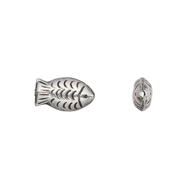 Bead, Hill Tribes, antiqued silver-plated brass, 14x7mm double-sided textured fish. Sold per pkg of 4. image number 0