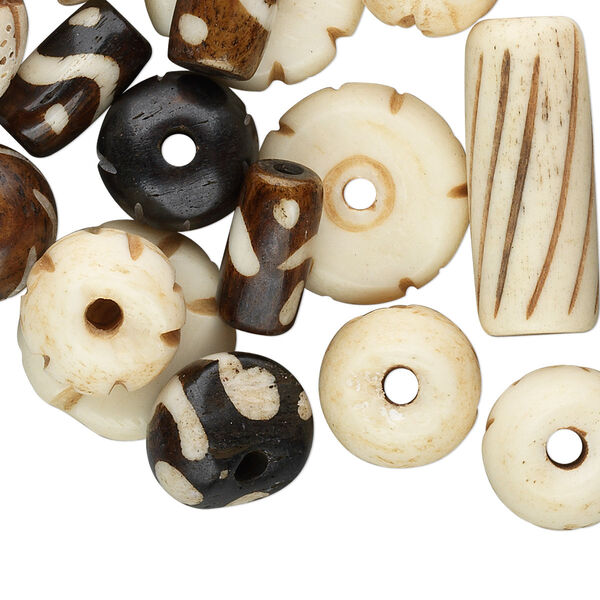 Bead mix, bone (dyed / bleached), 7x5mm-14x14mm mixed shape, Mohs hardness 2-1/2. Sold per 50-gram pkg, approximately 60-90 beads. image number 0