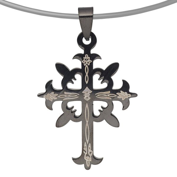 Pendant, stainless steel and enamel, black, 40x29mm single-sided cross. Sold individually. image number 0