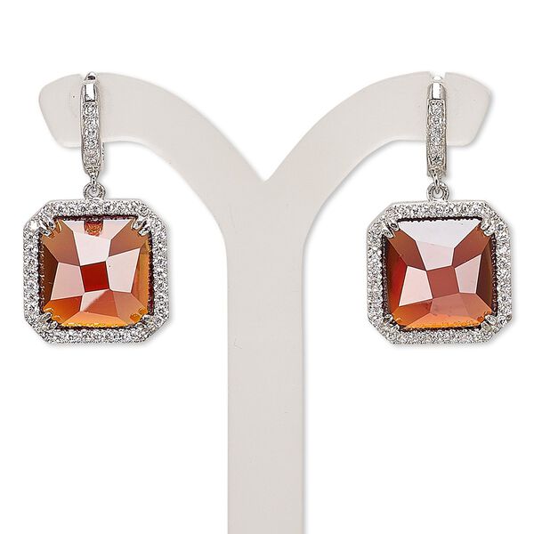 Earring, cubic zirconia / glass / rhodium-plated brass, red and clear, 27mm with square and post with latch-back closure. Sold per pair. image number 0