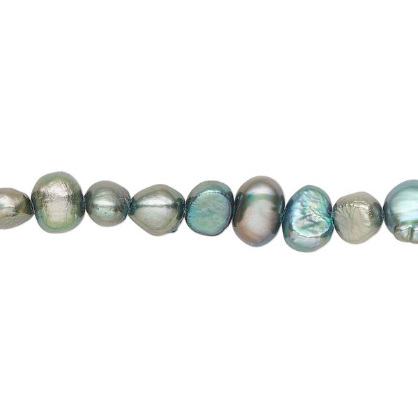 Pearl, cultured freshwater (dyed), iris green, 5-6mm flat-sided potato with 0.4-0.5mm hole, D grade, Mohs hardness 2-1/2 to 4. Sold per 15-inch strand. image number 0