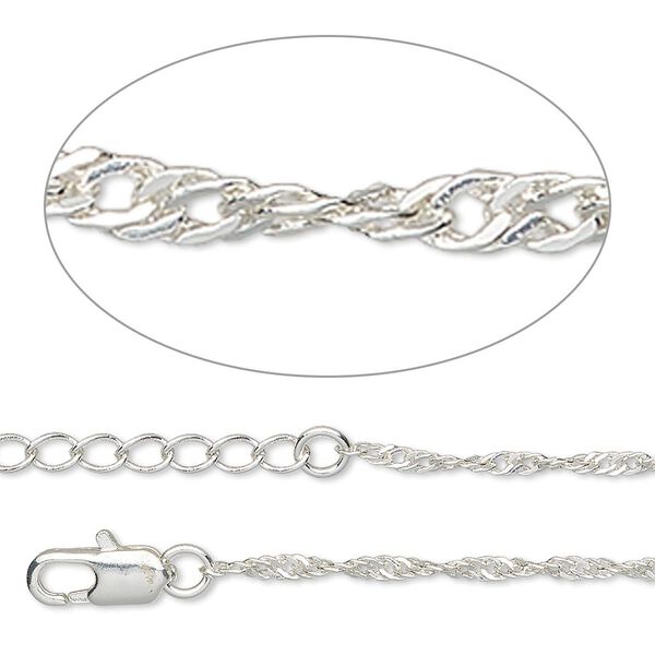 Chain, silver-plated brass, 2mm Singapore, 18 inches with 1 to 3 inches extender chain and lobster claw clasp. Sold individually. image number 0