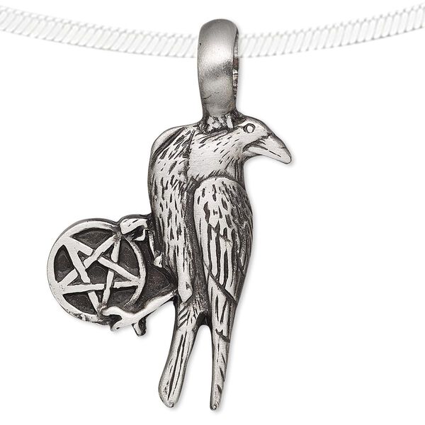 Pendant, antiqued pewter (tin-based alloy), 47x27mm raven and circle with star. Sold individually. image number 0