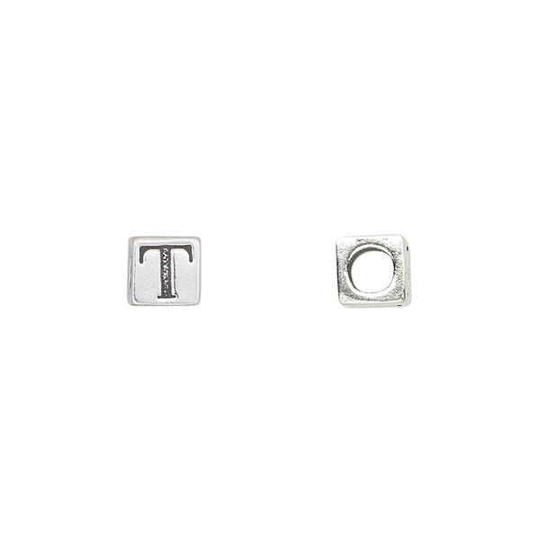 Bead, sterling silver, 5.5mm cube with alphabet letter "T." Sold individually. image number 0