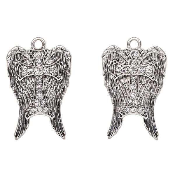 Drop, antique silver-finished "pewter" (zinc-based alloy), 27x18mm angel wings with cross. Sold per pkg of 2. image number 0