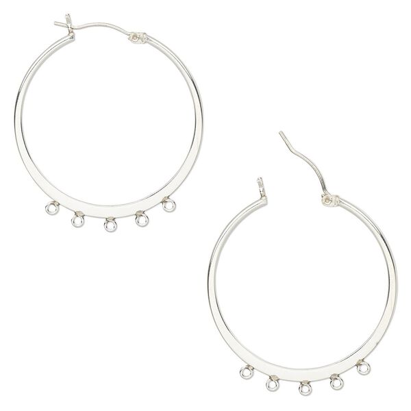 Earring hoop 1pkg2 sterling silver, 32mm flat round / 5 closed loop / latch-back, 1 pair image number 0