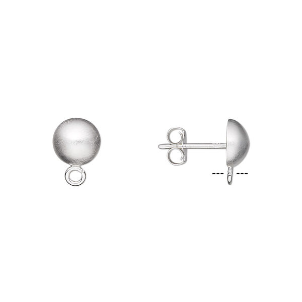 Earstud, satin-finished sterling silver, 7mm half ball with open loop. Sold per pkg of 5 pairs. image number 0