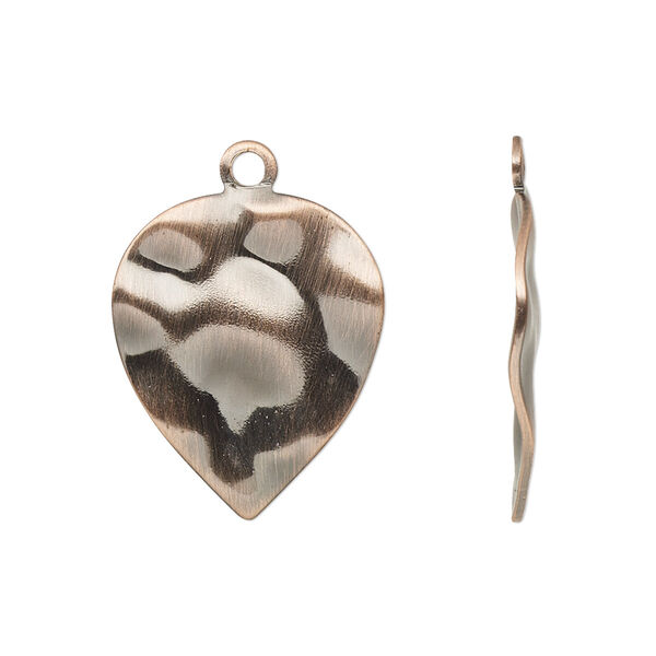 Drop, antique copper-plated steel, 23x18mm textured leaf. Sold per pkg of 10. image number 0
