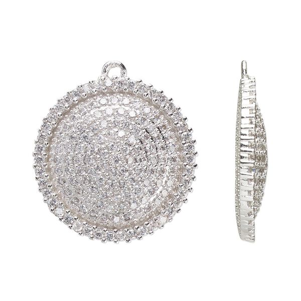 Drop, cubic zirconia and silver-plated brass, clear, 24mm single-sided domed round. Sold individually. image number 0