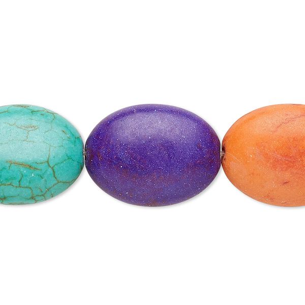 Bead, "howlite" (resin) (imitation), mixed colors, 19x14mm-20x15mm puffed oval. Sold per 8-inch strand. image number 0