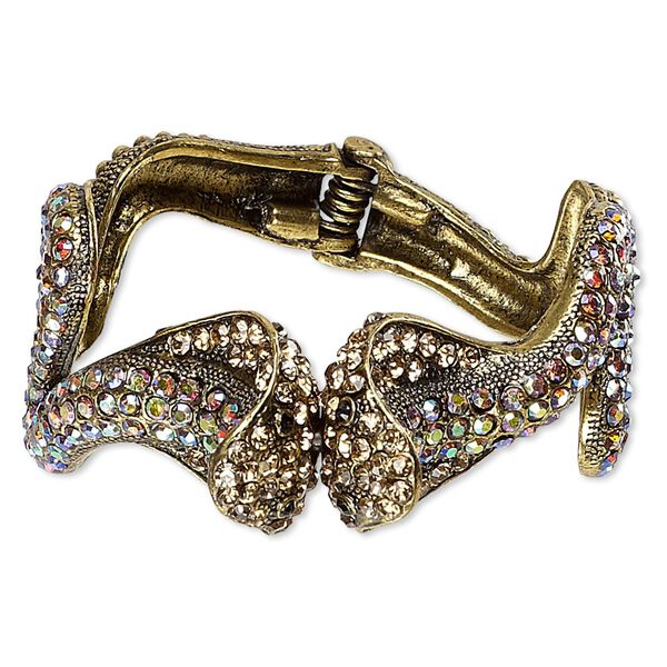 Bracelet, hinged bangle, glass rhinestone and antique gold-finished "pewter" (zinc-based alloy), orange AB and black, 23mm wide with double cobra design, 6 inches. Sold individually. image number 0