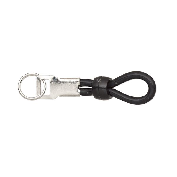 Eyeglass holder, rubber / acrylic / imitation rhodium-finished steel, black, 30x6mm with 6x4mm rondelle and 7mm split ring, adjustable. Sold per pkg of 20. image number 0