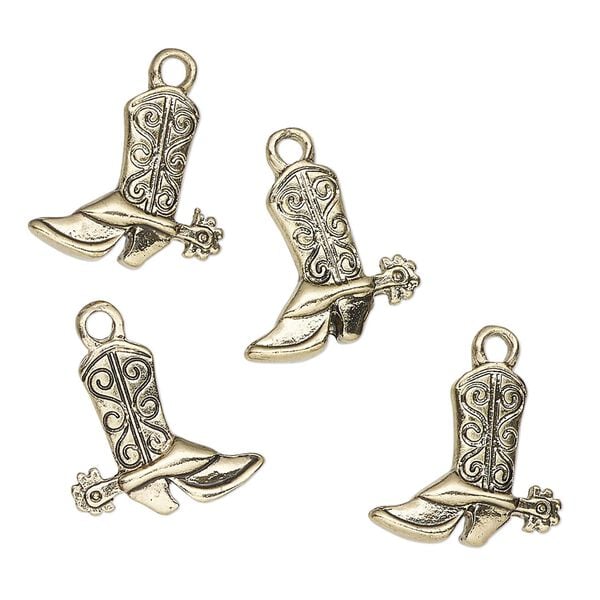 Charm, antique gold-finished "pewter" (zinc-based alloy), 14mm cowboy boot with swirl design. Sold per pkg of 4. image number 0