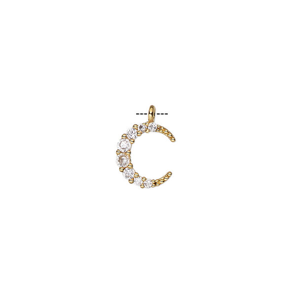 Charm, cubic zirconia and gold-finished brass, clear, 10x8.5mm single-sided moon. Sold individually. image number 0