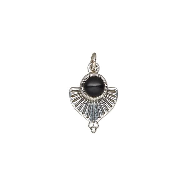 Black onyx / sterling silver 1pkg1, antiqued fan drop 14x11.5mm image number 0