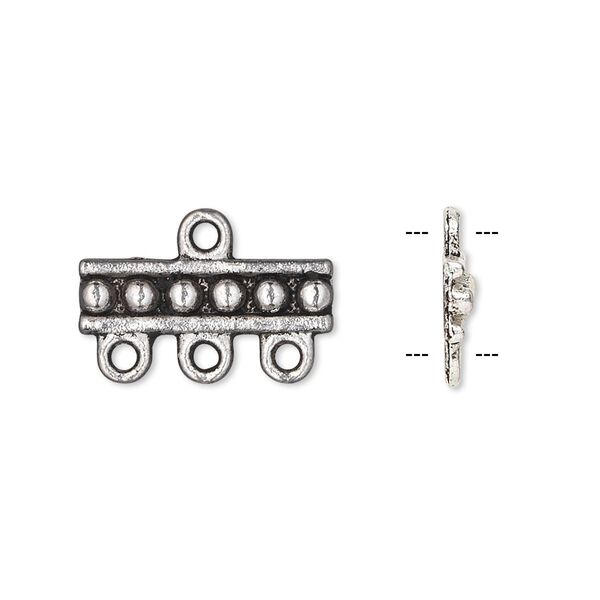 Drop, antique silver-plated "pewter" (zinc-based alloy), 18x5mm single-sided rectangle with 3 loops. Sold per pkg of 10. image number 0