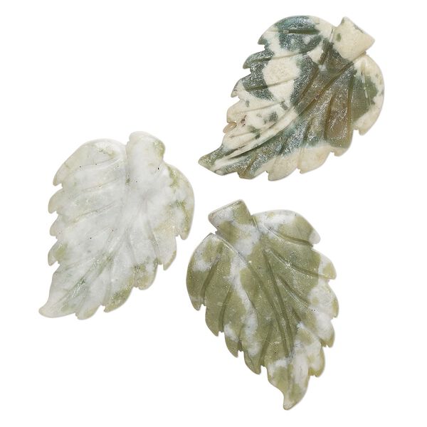 Green serpentine 1pkg3, carved leaf focal 39x22mm image number 0