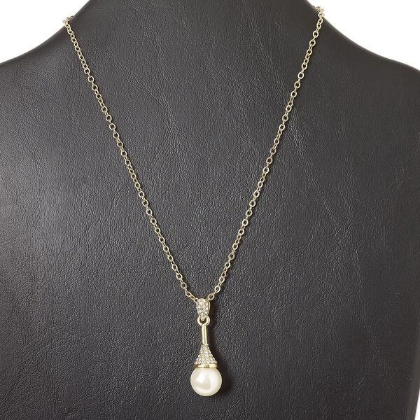 Necklace, gold-finished "pewter" (zinc-based alloy) and steel / glass rhinestone / freshwater pearl shell (bleached), clear and white, 1-1/2 inch dangle, 15" to 16" necklace with lobster claw clasp and 3-inch extender chain. Sold individually. image number 0
