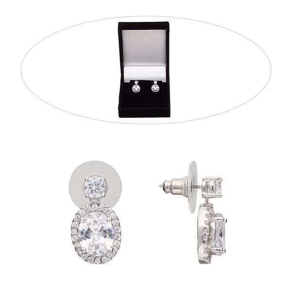 Earring, cubic zirconia / stainless steel / rhodium-finished brass, clear, 19.5mm with oval and post. Sold per pair. image number 0