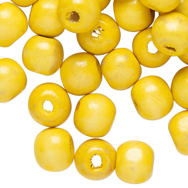 Bead, wood (dyed/waxed), yellow, 10mm round. Sold per 3-ounce pkg, approximately 313 beads. image number 0