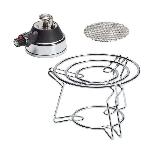 Metal clay burner, chrome-plated steel / stainless steel / brass, red and black, 4-1/4 x 6 x 5-3/4 inches with 3 x 3-1/2 x 4-3/4 inch butane burner and 4-inch round mesh screen. Sold per 3-piece set. image number 0