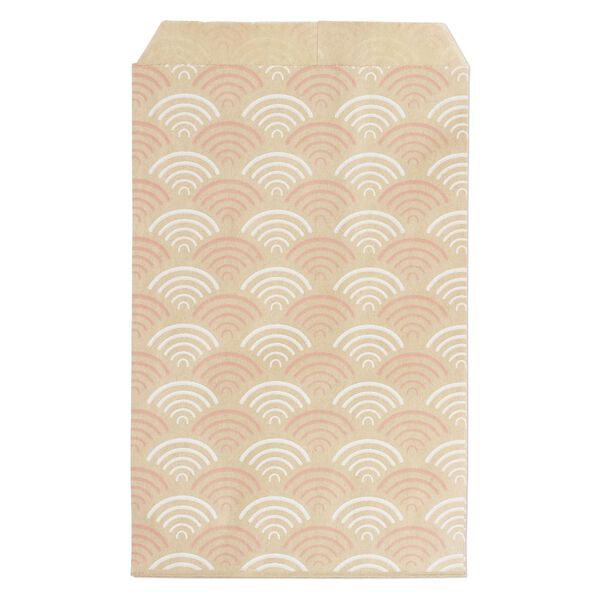 Bag, paper, brown, white and pink, 6x4 inch rectangle with fan-print and scalloped top edge. Sold per pkg of 100. image number 0