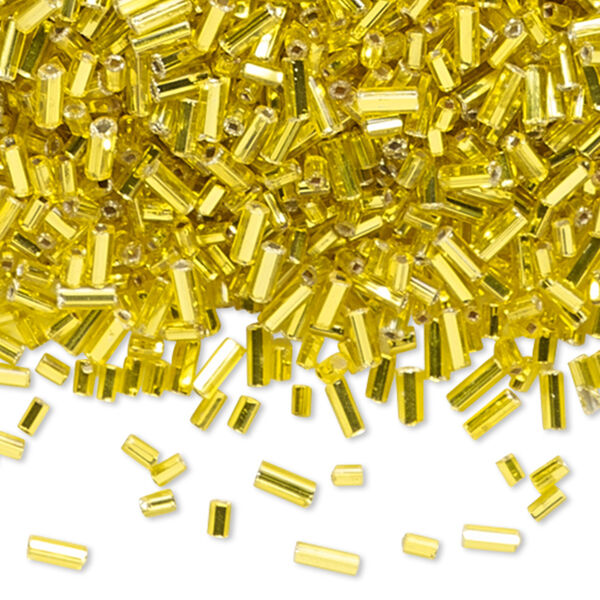 Bugle bead mix, vintage Czech glass, silver-lined yellow, 2x2mm-5x2mm with square hole. Sold per 1/4 pound pkg. image number 0
